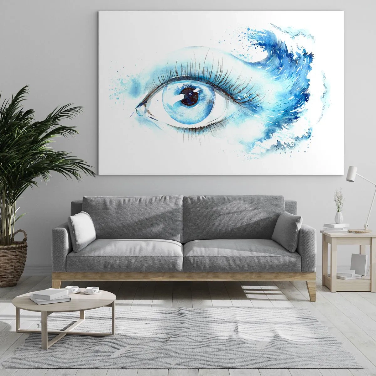 Quadro su vetro - Occhio blu in acquerello artistico - 70x50cm - Immergersi nell'azzurro dello sguardo - Decorazione murale moderna per soggiorno e camera da letto ARTTOR