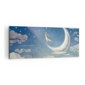 Quadro su tela - Stampe su Tela - Una donna sulla luna circondata da stelle e nuvole - 120x50cm - Seduttrice celeste - Decorazione murale moderna per soggiorno e camera da letto ARTTOR