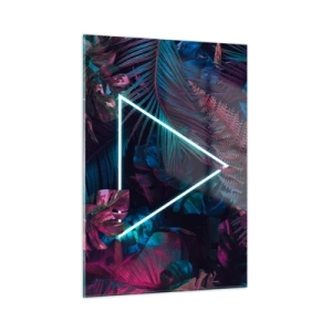 Quadro su vetro - Un triangolo al neon circondato da piante tropicali nelle tonalità del rosa e del blu. - 50x70cm - Giardino in stile discoteca - Decorazione murale moderna per soggiorno e camera da letto ARTTOR