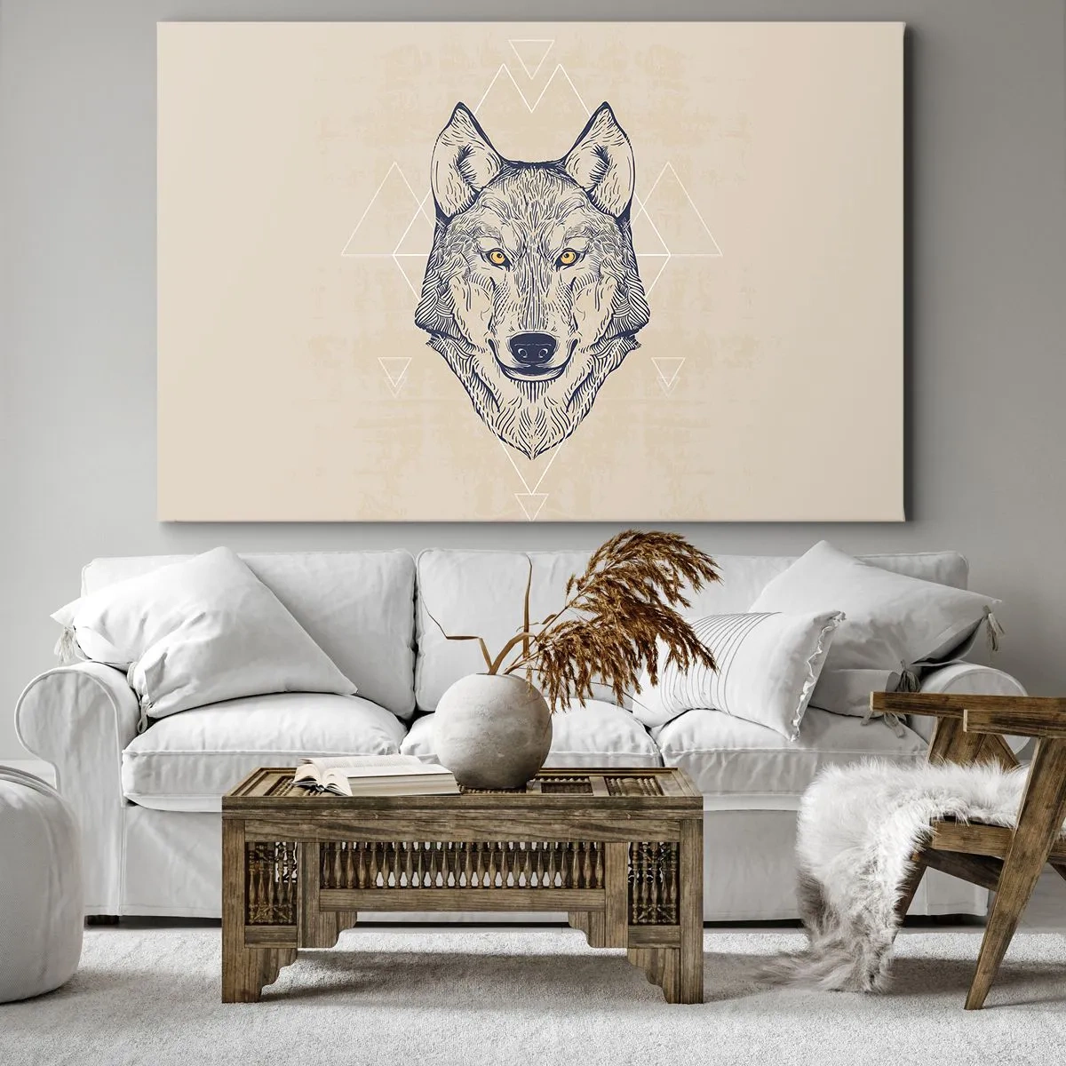 Quadro su tela - Stampe su Tela - Un lupo geometrico su uno sfondo chiaro con motivi minimalisti. - 70x50cm - Alfa dallo sguardo penetrante - Decorazione murale moderna per soggiorno e camera da letto ARTTOR
