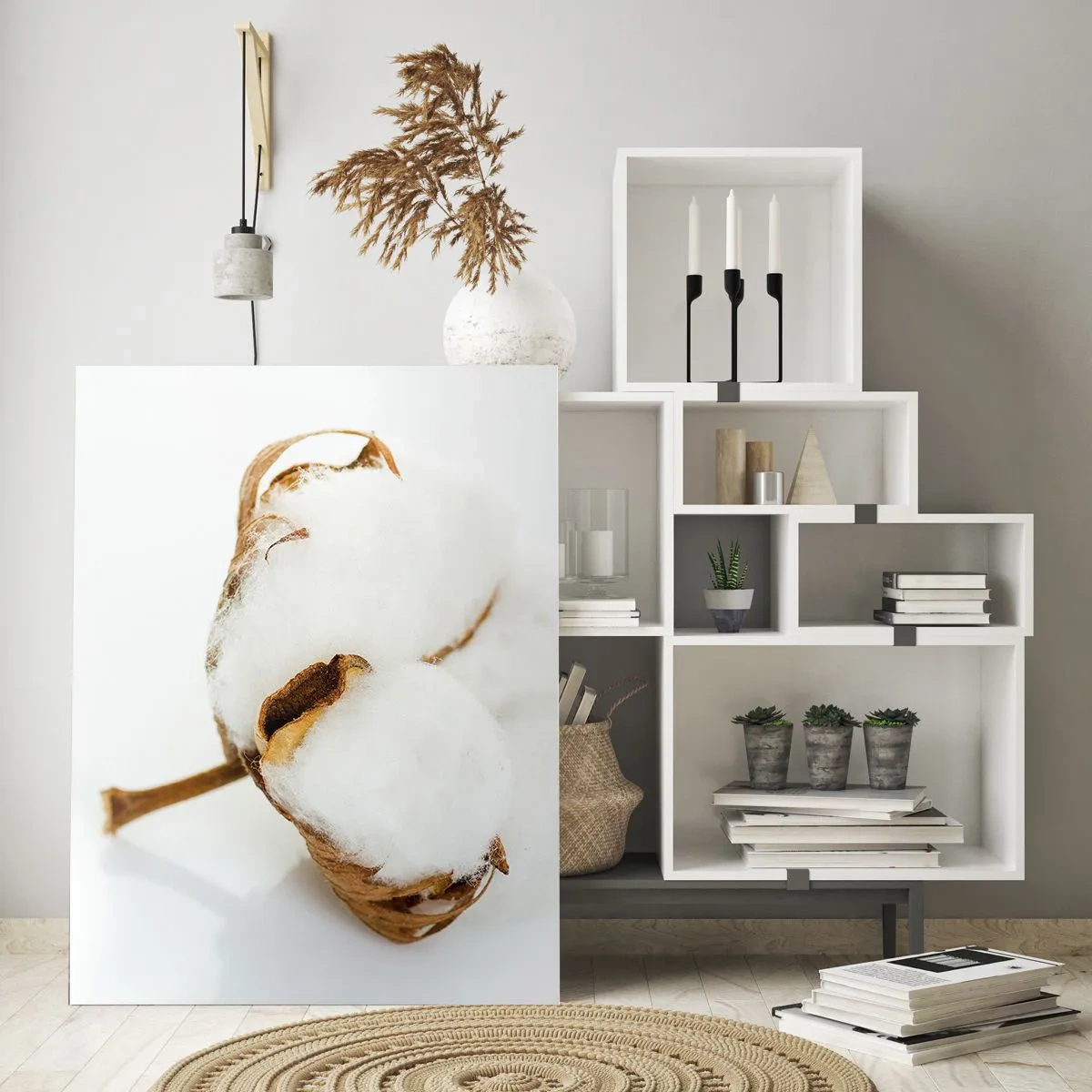 Quadro su vetro - Un singolo fiore di cotone soffice su uno sfondo bianco - 50x70cm - Naturalmente morbido - Decorazione murale moderna per soggiorno e camera da letto ARTTOR