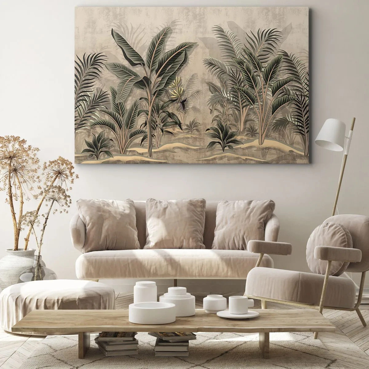 Quadro su tela - Stampe su Tela - Palme e vegetazione tropicale nei toni del verde su sfondo beige - 100x70cm - Incisione in stile coloniale - Decorazione murale moderna per soggiorno e camera da letto ARTTOR