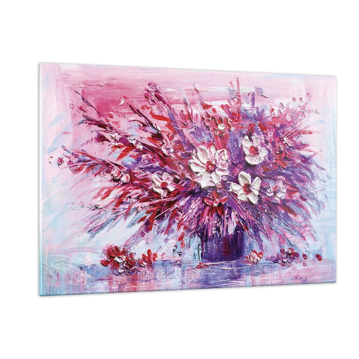 Quadro su vetro - Un mazzo di fiori nei toni del rosa e del viola - 120x80cm - Innocenza e passione - Decorazione murale moderna per soggiorno e camera da letto ARTTOR