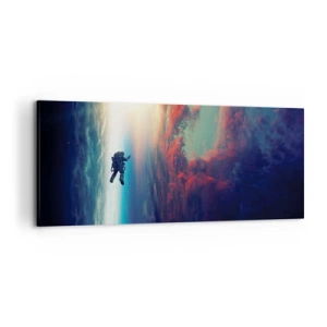 Quadro su tela - Stampe su Tela - Un astronauta che fluttua nello spazio sopra una Terra colorata - 120x50cm - Affrontando l'universo - Decorazione murale moderna per soggiorno e camera da letto ARTTOR