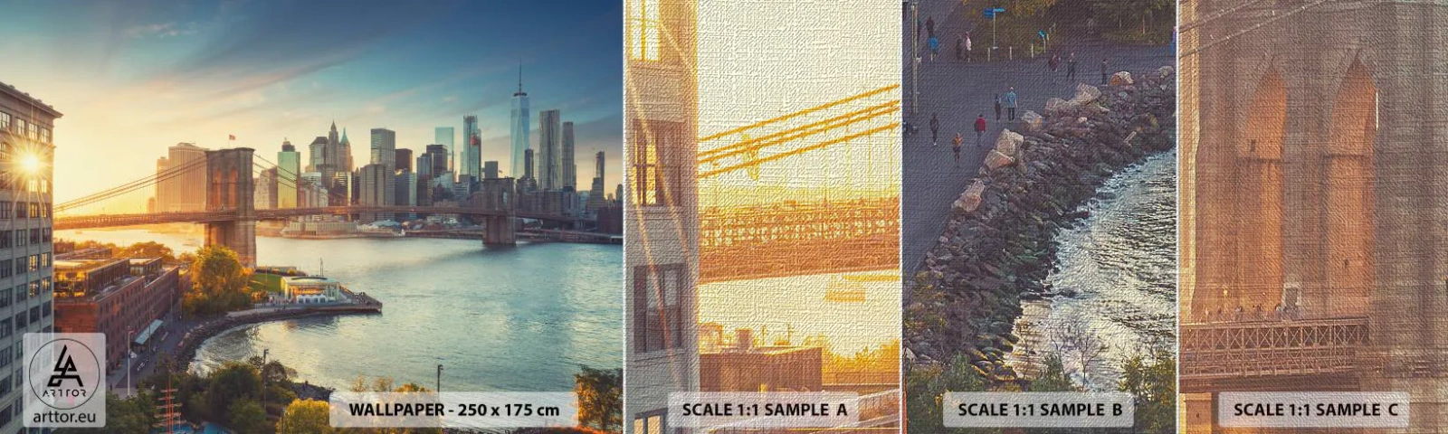 Campione di Fotomurale Premium Canvas - L'alba nella grande città - New York, Città, ponte di Brooklyn - 100x30 cm