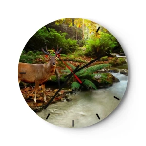Orologio da parete - Orologio in Vetro - Cervi in un paesaggio forestale vicino a un ruscello - 30x30cm - Benvenuto nel mio mondo - Decorazione murale moderna per soggiorno, cucina e camera da letto ARTTOR
