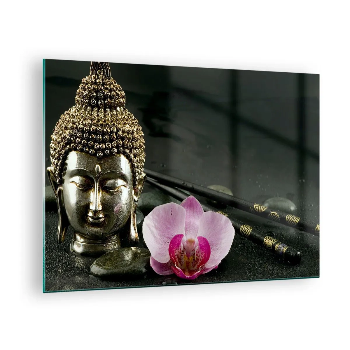 Quadro su vetro - Testa buddista con un fiore rosa su uno sfondo di pietre - 70x50cm - Armonia di saggezza e bellezza - Decorazione murale moderna per soggiorno e camera da letto ARTTOR