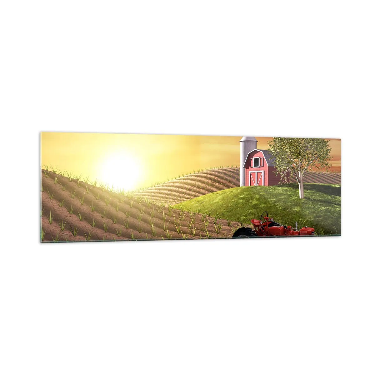 Quadro su vetro - Paesaggio rurale con un fienile rosso, un trattore e l'alba - 160x50cm - La fattoria delle favole - Decorazione murale moderna per soggiorno e camera da letto ARTTOR