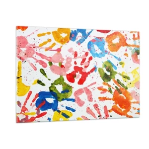 Quadro su vetro - Impronte di mani colorate su sfondo bianco - 120x80cm - Segui le tracce - Decorazione murale moderna per soggiorno e camera da letto ARTTOR