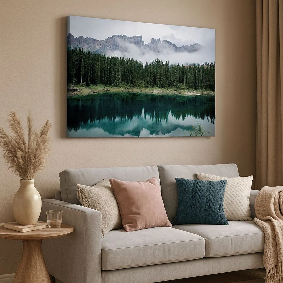 Quadro su tela - Stampe su Tela - Un paesaggio montano con una foresta e un lago che riflette il cielo - 70x50cm - Silenzio, non svegliamo l'acqua che dorme... - Decorazione murale moderna per soggiorno e camera da letto ARTTOR