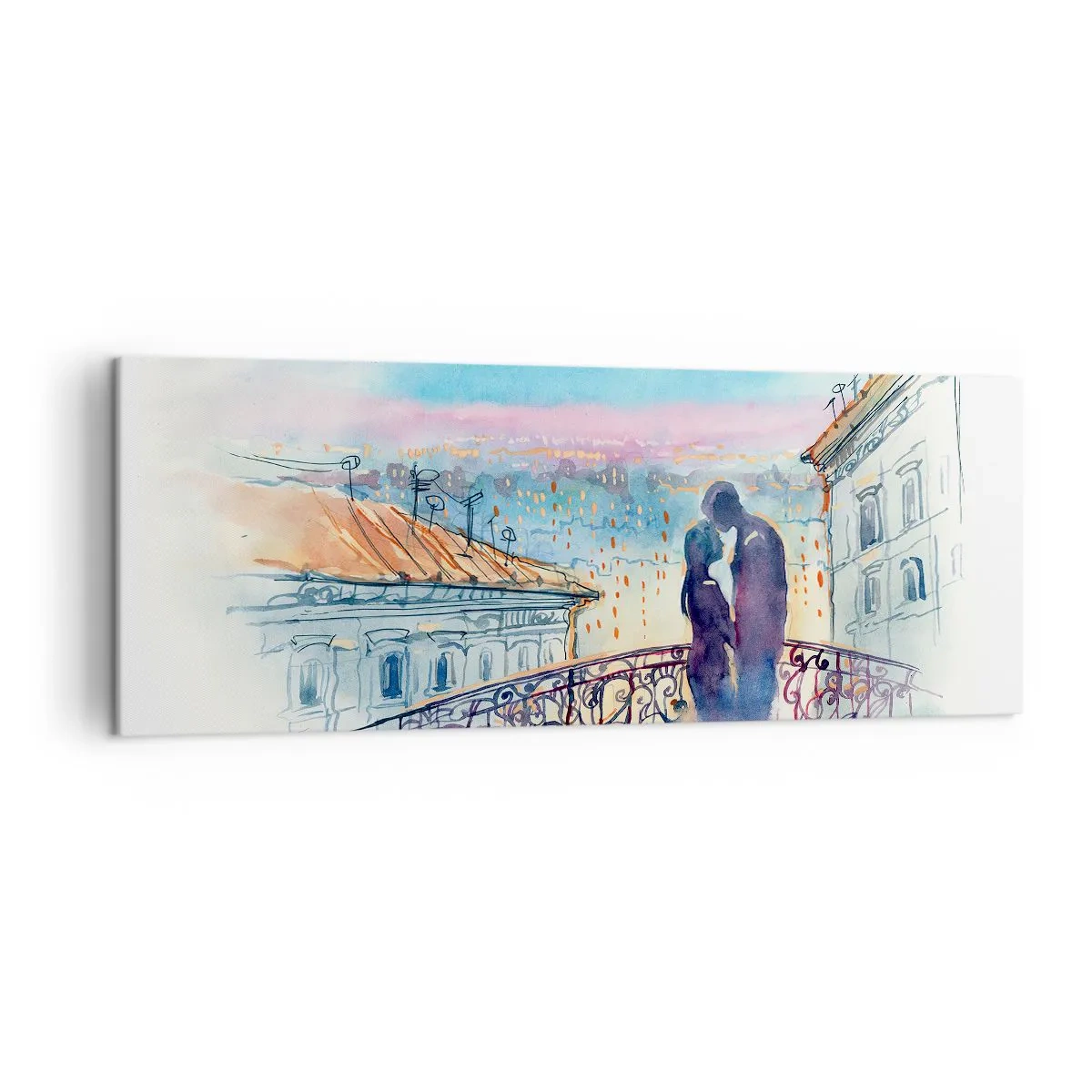 Quadro su tela - Stampe su Tela - Coppia romantica su un balcone con vista sulla città - 140x50cm - Amanti parigini - Decorazione murale moderna per soggiorno e camera da letto ARTTOR