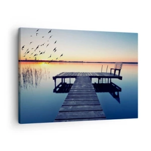 Quadro su tela - Stampe su Tela - Molo di legno su un lago all'alba con uccelli - 70x50cm - È stata una buona giornata - Decorazione murale moderna per soggiorno e camera da letto ARTTOR