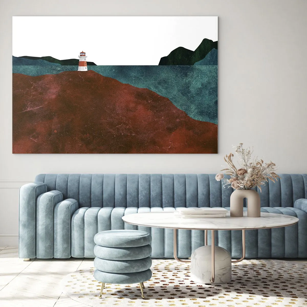 Quadro su vetro - Un faro sullo sfondo di un mare turchese e scogliere rosse - 120x80cm - Contemplando il mare - Decorazione murale moderna per soggiorno e camera da letto ARTTOR