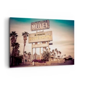Quadro su tela - Stampe su Tela - Insegna retrò di un motel circondata da palme - 120x80cm - Qui il tempo si è fermato - Decorazione murale moderna per soggiorno e camera da letto ARTTOR