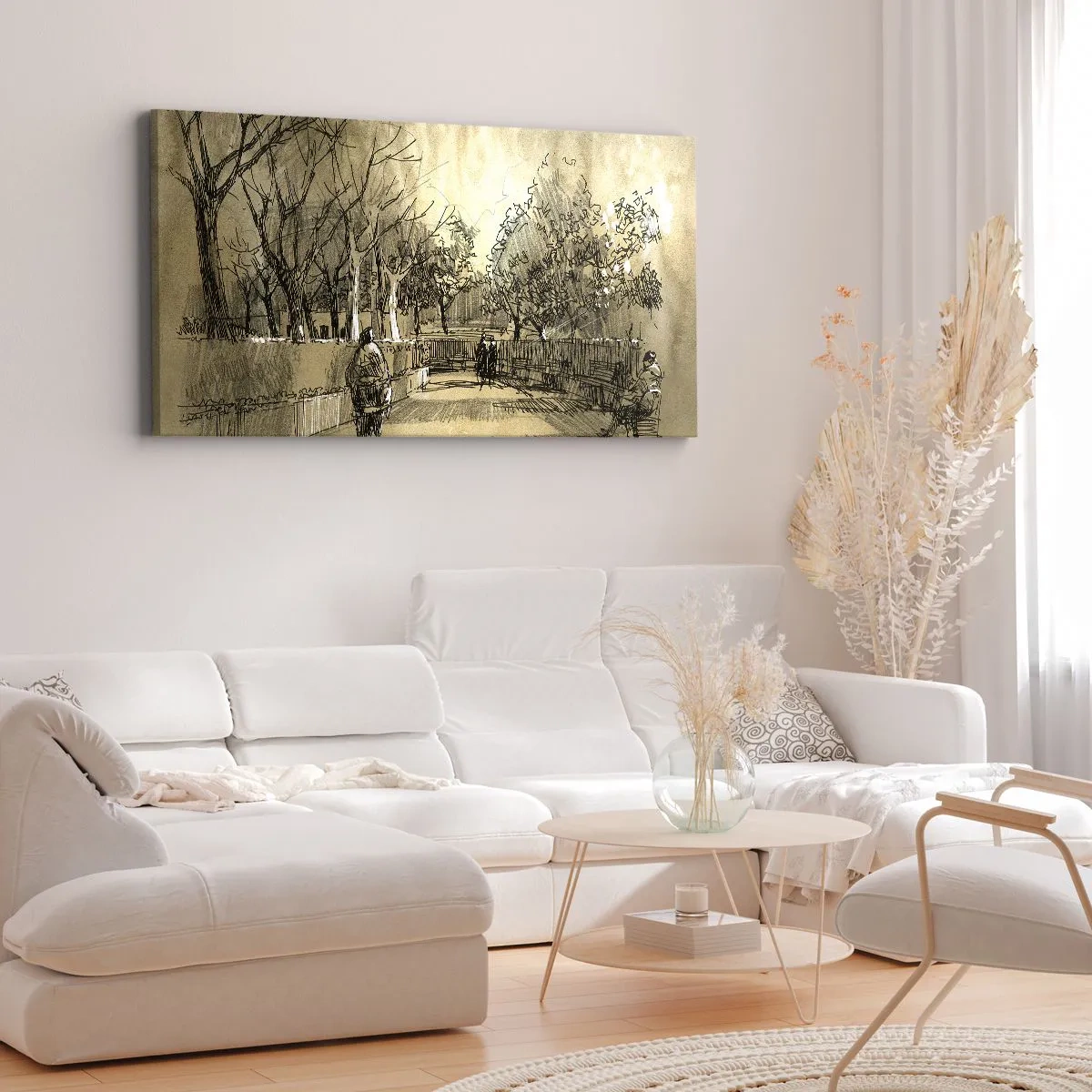 Quadro su tela - Stampe su Tela - Una scena di cartone animato di un parco con persone che camminano in toni caldi. - 120x50cm - Attimo fermato con la penna - Decorazione murale moderna per soggiorno e camera da letto ARTTOR