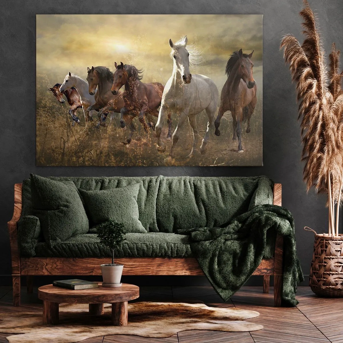 Quadro su tela - Stampe su Tela - Un gruppo di cavalli al galoppo sullo sfondo del sole al tramonto - 120x80cm - Evviva la libertà! - Decorazione murale moderna per soggiorno e camera da letto ARTTOR