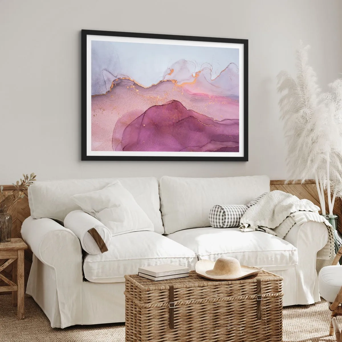 Poster in cornice nera - Una composizione astratta nei toni del viola e dell'oro. - 100x70cm - Onde di lilla e viola - Decorazione murale moderna per soggiorno e camera da letto ARTTOR