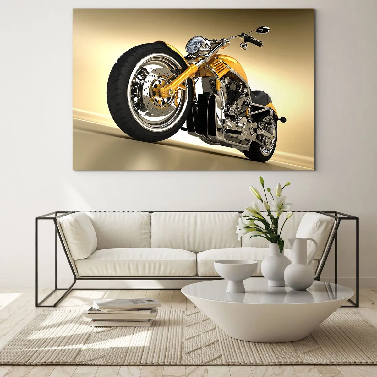 Quadro su vetro - Una motocicletta personalizzata dorata su uno sfondo chiaro - 120x80cm - Sogno di forza e di velocità - Decorazione murale moderna per soggiorno e camera da letto ARTTOR