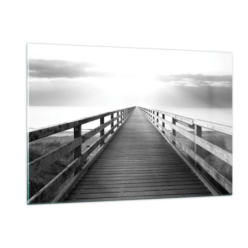 Quadro su vetro - Un ponte di legno che conduce verso l'orizzonte in bianco e nero - 120x80cm - Sempre più lontano - Decorazione murale moderna per soggiorno e camera da letto ARTTOR