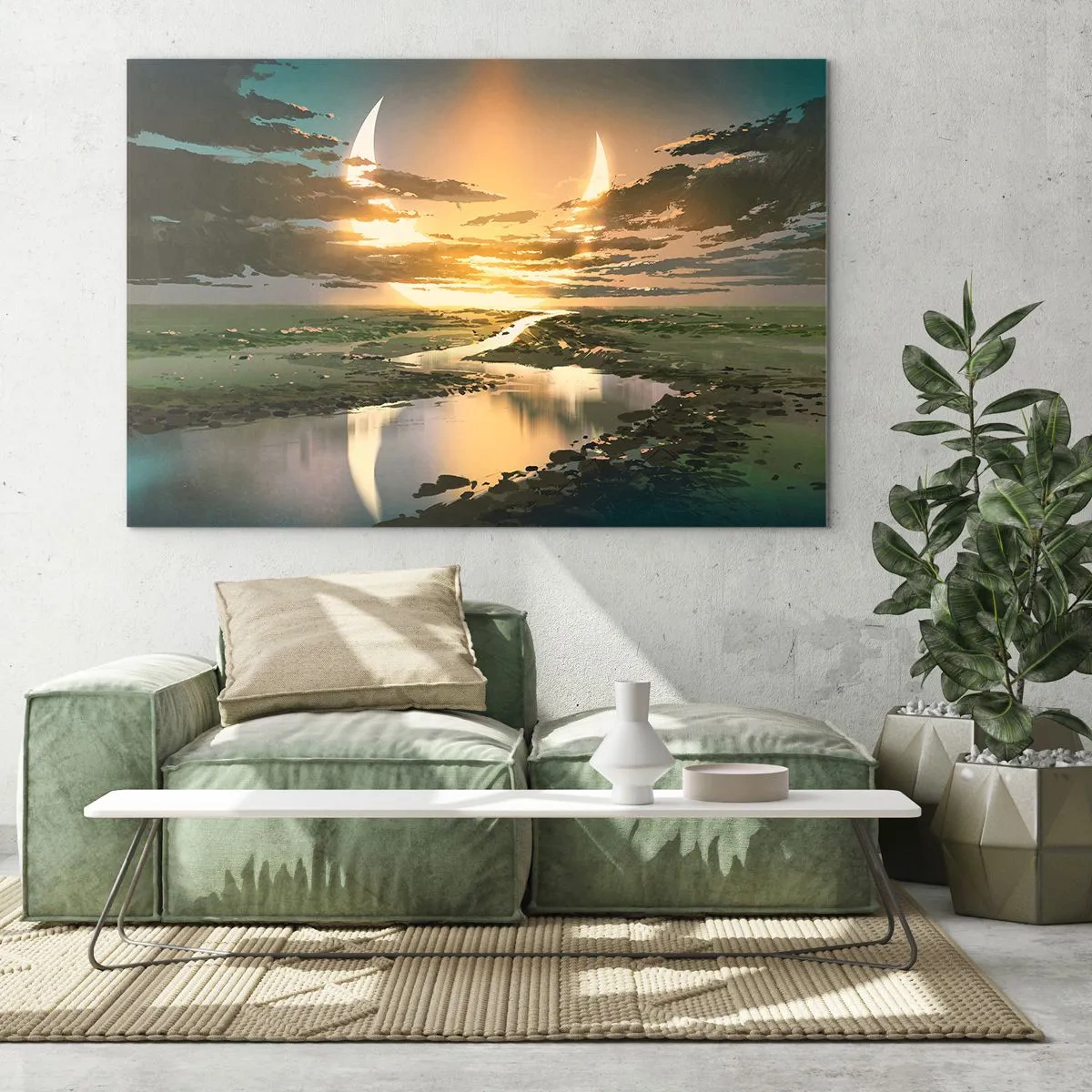 Quadro su vetro - Un paesaggio fantastico con una doppia luna sul fiume - 120x80cm - Da qualche parte in una galassia lontana - Decorazione murale moderna per soggiorno e camera da letto ARTTOR