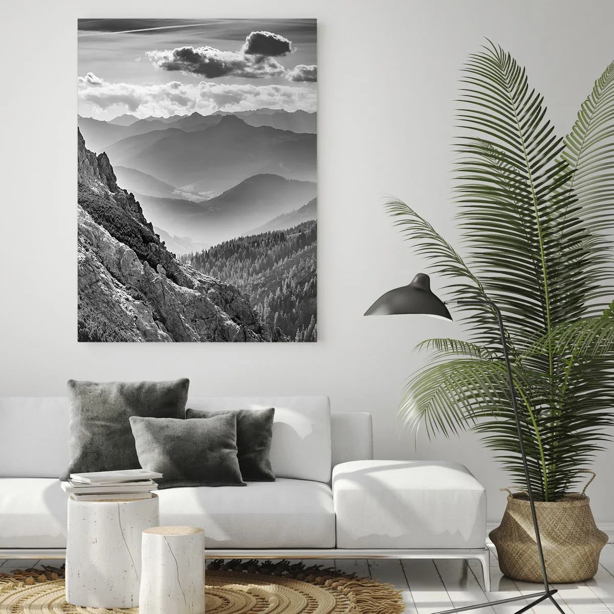 Quadro su vetro - Paesaggio montano in bianco e nero con nuvole sulle cime - 80x120cm - Fino all'orizzonte - Decorazione murale moderna per soggiorno e camera da letto ARTTOR