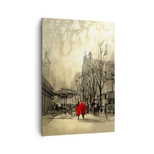 Quadro su tela - Stampe su Tela - Una figura rossa in un nostalgico contesto urbano - 70x100cm - Appuntamento nella nebbia di Londra  - Decorazione murale moderna per soggiorno e camera da letto ARTTOR