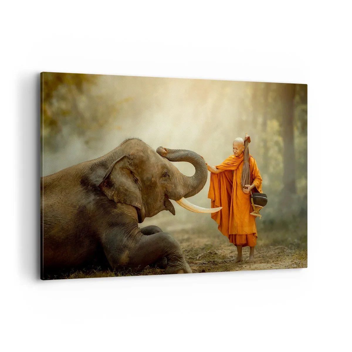 Quadro su tela - Stampe su Tela - Un monaco e un elefante in armonia sullo sfondo della natura - 120x80cm - Incontro nel viaggio - Decorazione murale moderna per soggiorno e camera da letto ARTTOR