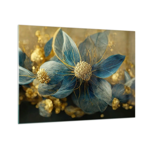 Quadro su vetro - Fiori blu e oro con un tocco lussuoso - 70x50cm - Fiorire d'oro - Decorazione murale moderna per soggiorno e camera da letto ARTTOR