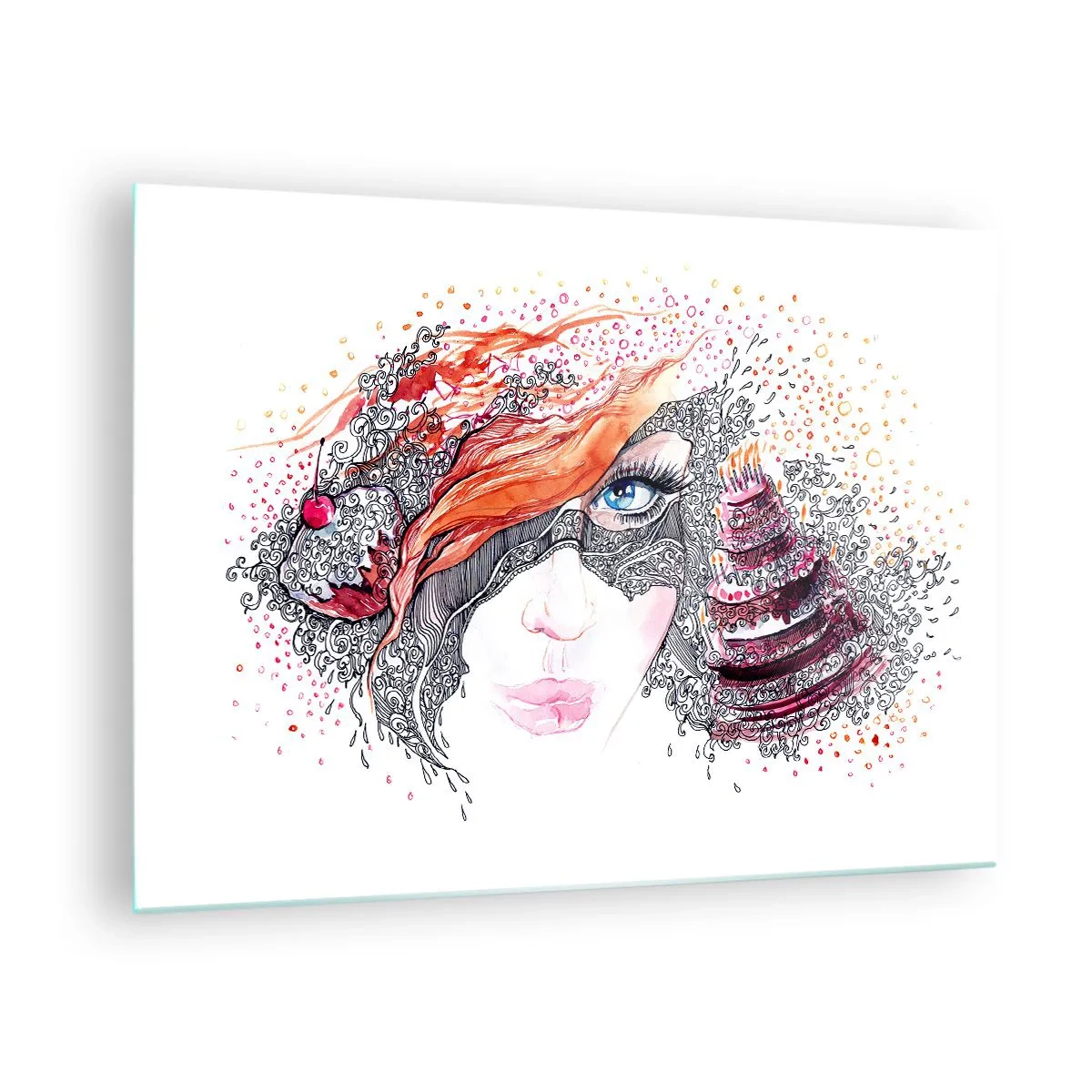 Quadro su vetro - Ritratto di donna con motivi dinamici e accenti rossi - 70x50cm - Con lei ogni giorno è festa - Decorazione murale moderna per soggiorno e camera da letto ARTTOR