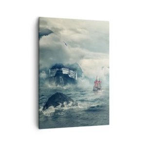 Quadro su tela - Stampe su Tela - Un paesaggio misterioso con un castello, montagne e una nave - 50x70cm - Sulle acque magiche - Decorazione murale moderna per soggiorno e camera da letto ARTTOR