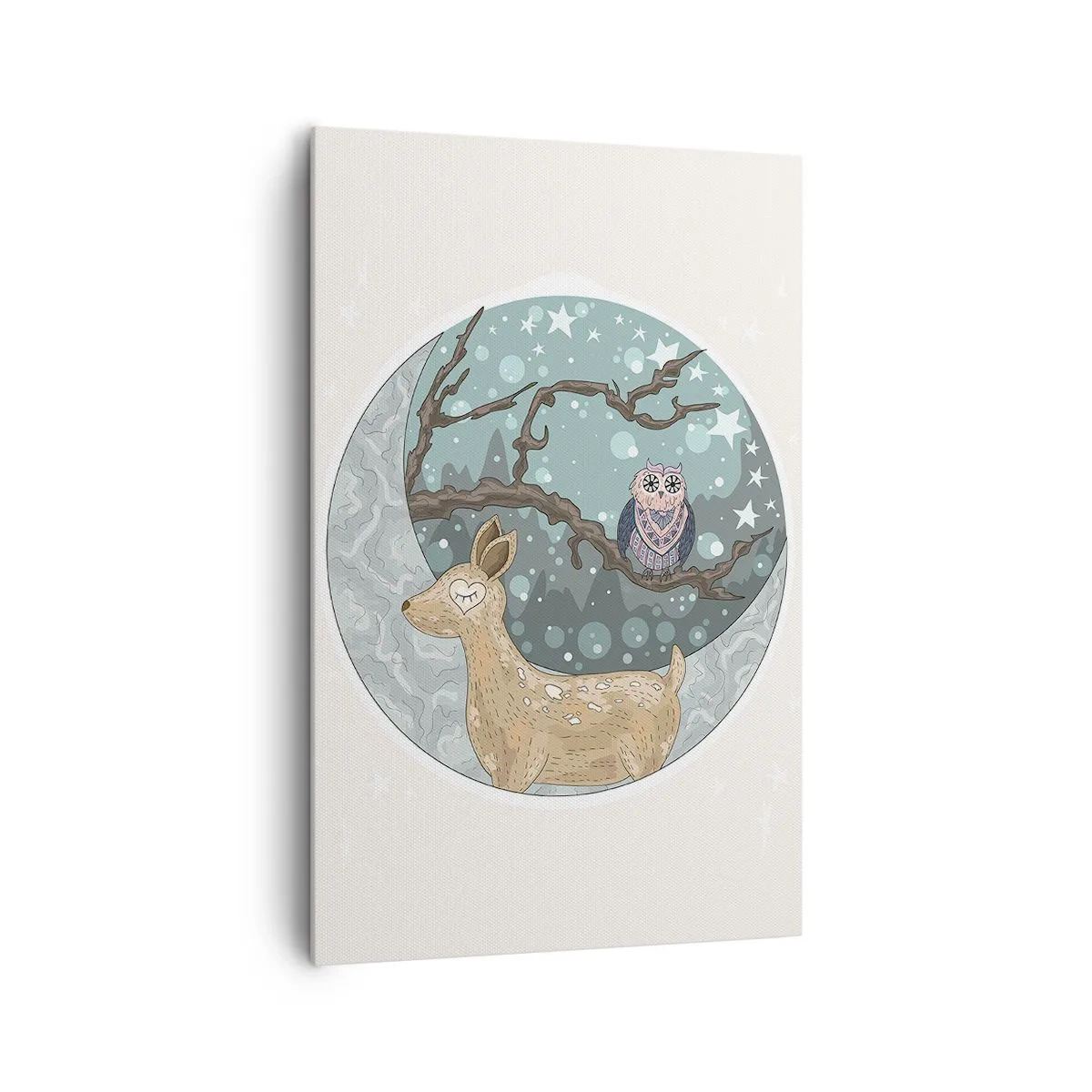 Quadro su tela - Stampe su Tela - Un cervo e un gufo in un paesaggio notturno da favola - 80x120cm - Notte fiabesca nel bosco - Decorazione murale moderna per soggiorno e camera da letto ARTTOR