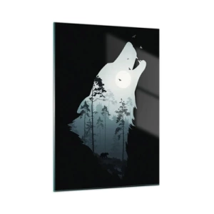 Quadro su vetro - Silhouette di un lupo con una foresta e la luna sullo sfondo su uno sfondo nero - 50x70cm - Voce di una notte boschiva - Decorazione murale moderna per soggiorno e camera da letto ARTTOR