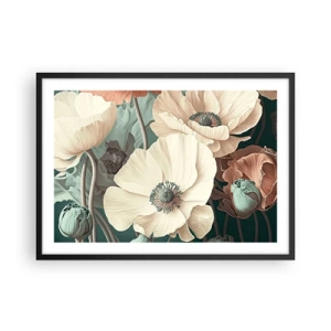 Poster in cornice nera - Eleganti fiori in tonalità pastello su sfondo verde - 70x50cm - Il sussurro dei papaveri - Decorazione murale moderna per soggiorno e camera da letto ARTTOR