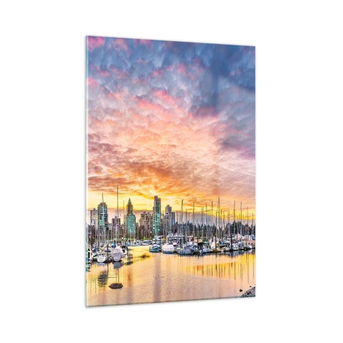 Quadro su vetro - Tramonto sul porto turistico con barche e grattacieli - 50x70cm - La città dei mille marinai - Decorazione murale moderna per soggiorno e camera da letto ARTTOR