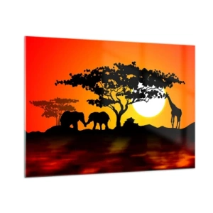 Quadro su vetro - Paesaggio africano con alberi e animali al tramonto - 100x70cm - Incontro nella savana - Decorazione murale moderna per soggiorno e camera da letto ARTTOR