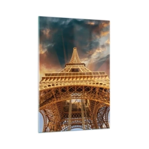 Quadro su vetro - La Torre Eiffel dal basso sullo sfondo del sole al tramonto - 70x100cm - Come gli uomini hanno raggiunto il cielo - Decorazione murale moderna per soggiorno e camera da letto ARTTOR