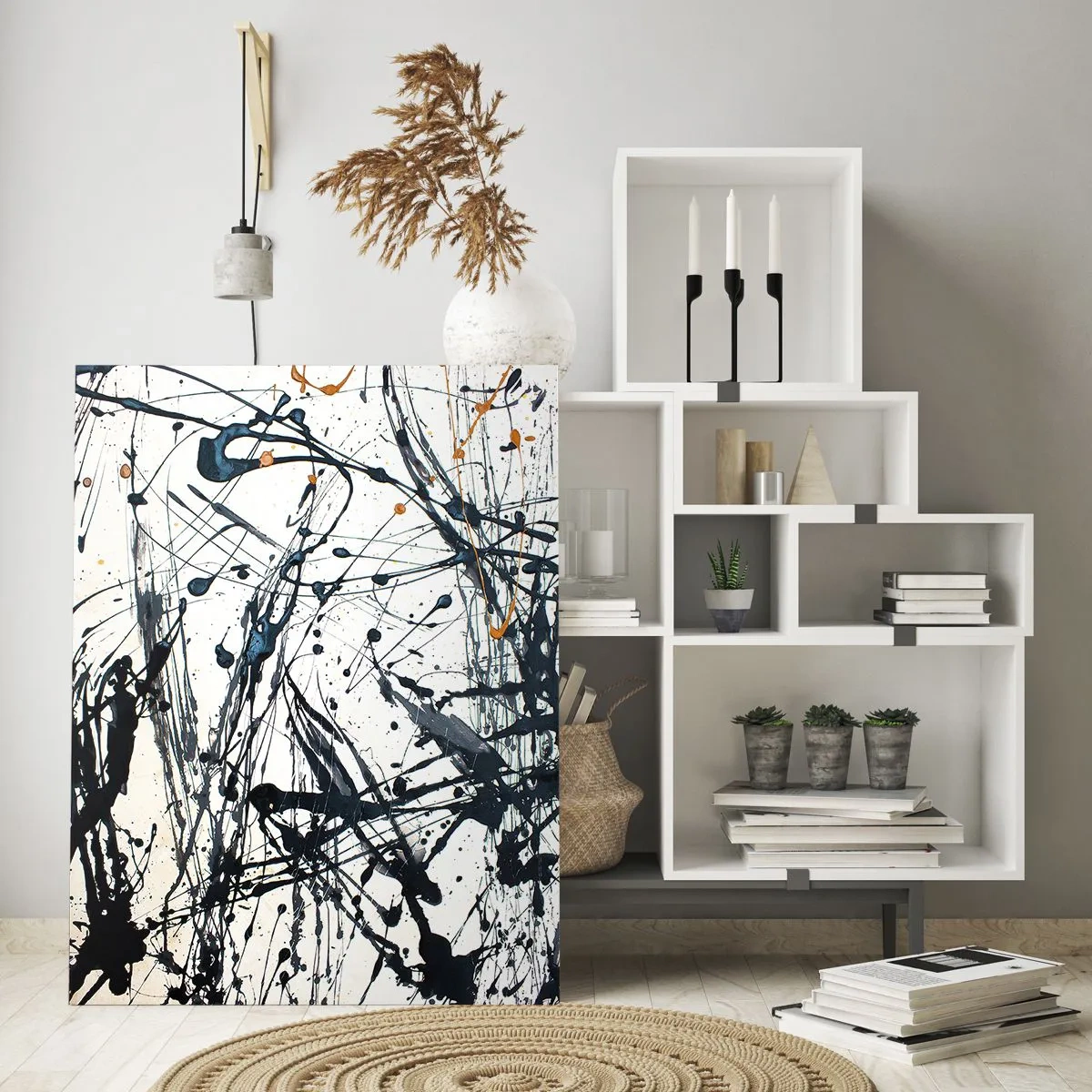 Quadro su vetro - Schizzi di vernice dinamici su uno sfondo bianco - 50x70cm - Astrazione espressionistica - Decorazione murale moderna per soggiorno e camera da letto ARTTOR
