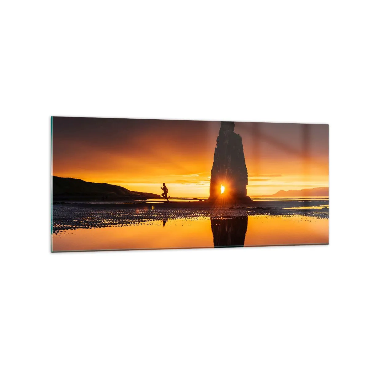 Quadro su vetro - Persona che corre sulla spiaggia al tramonto con formazione rocciosa - 120x50cm - Solo tu e la natura - Decorazione murale moderna per soggiorno e camera da letto ARTTOR