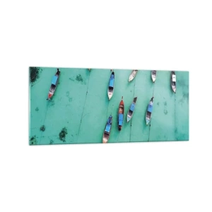 Quadro su vetro - Una vista a volo d'uccello delle barche sull'acqua turchese - 120x50cm - In gioiosa attesa - Decorazione murale moderna per soggiorno e camera da letto ARTTOR
