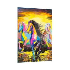 Quadro su vetro - Cavalli colorati al galoppo sullo sfondo del tramonto - 50x70cm - Immersi nell'arcobaleno - Decorazione murale moderna per soggiorno e camera da letto ARTTOR