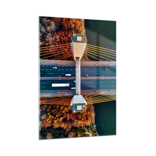 Quadro su vetro - Vista aerea del ponte con disposizione simmetrica di cavi e vagoni - 50x70cm - Oltre il fiume, oltre il bosco - Decorazione murale moderna per soggiorno e camera da letto ARTTOR