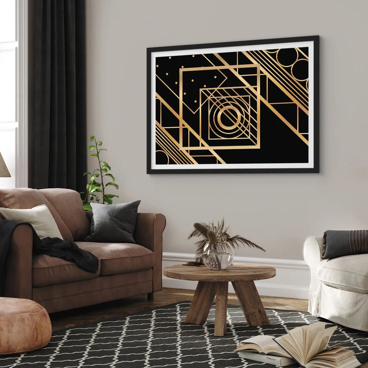 Poster in cornice nera - Motivi geometrici dorati su sfondo nero - 70x50cm - Geometria dorata - Decorazione murale moderna per soggiorno e camera da letto ARTTOR