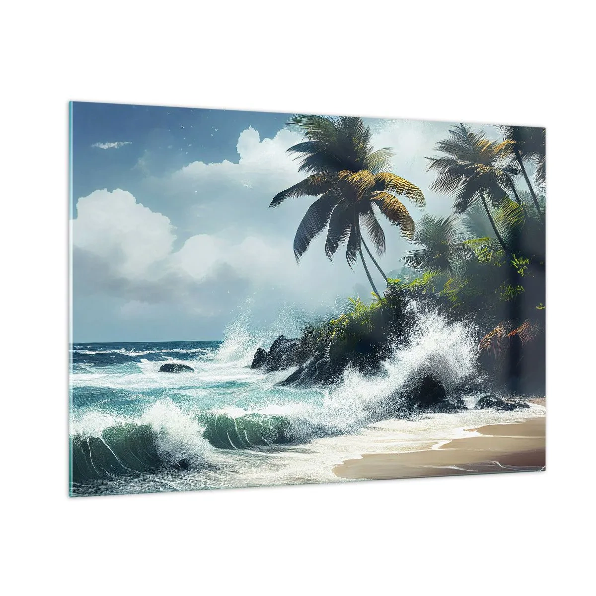 Quadro su vetro - Onde che si infrangono contro le rocce vicino alle palme su una spiaggia tropicale - 100x70cm - Sulla riva tropicale - Decorazione murale moderna per soggiorno e camera da letto ARTTOR