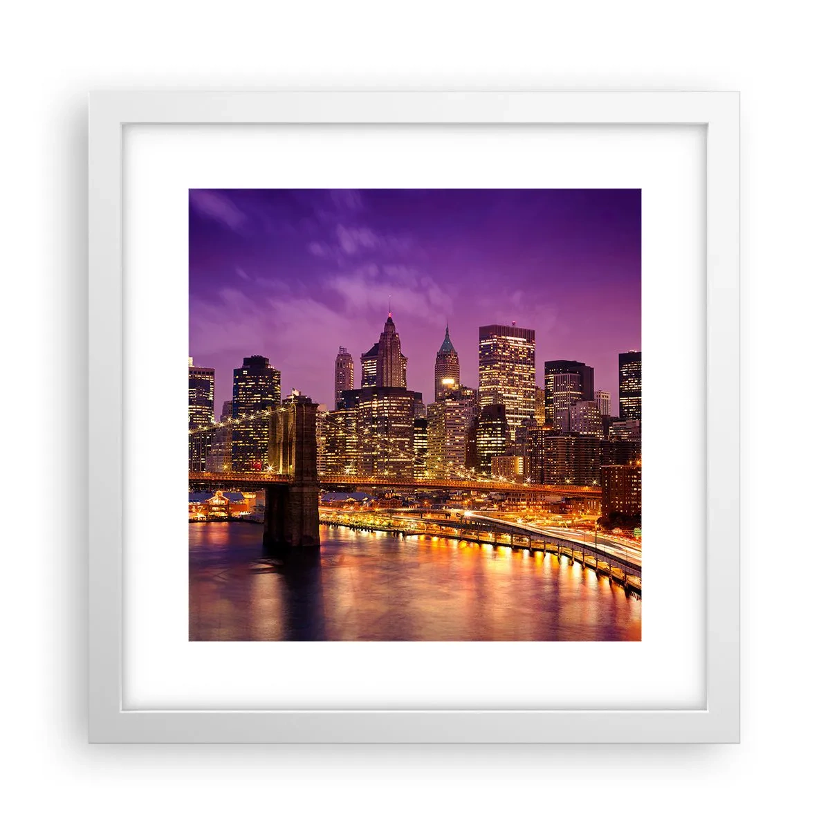 Poster in cornice bianca - Manhattan in viola e oro - 30x30 cm