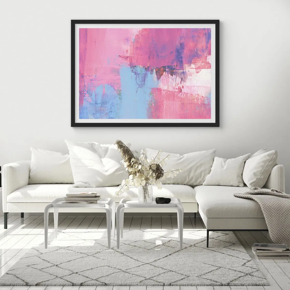 Poster in cornice nera - Composizione astratta in rosa e blu - 70x50cm - Rosa, blu e un pizzico di luce - Decorazione murale moderna per soggiorno e camera da letto ARTTOR