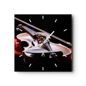 Orologio da parete - Orologio in Vetro - Violino su tessuto rosso con sfondo nero - 30x30cm - La musica dei sentimenti - Decorazione murale moderna per soggiorno e camera da letto ARTTOR