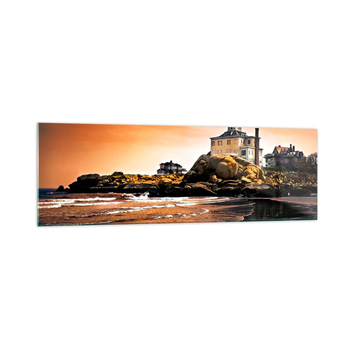 Quadro su vetro - Una casa su una roccia vicino alla spiaggia al tramonto con il suo riflesso nell'acqua - 160x50cm - L'eleganza della costa ovest - Decorazione murale moderna per soggiorno e camera da letto ARTTOR