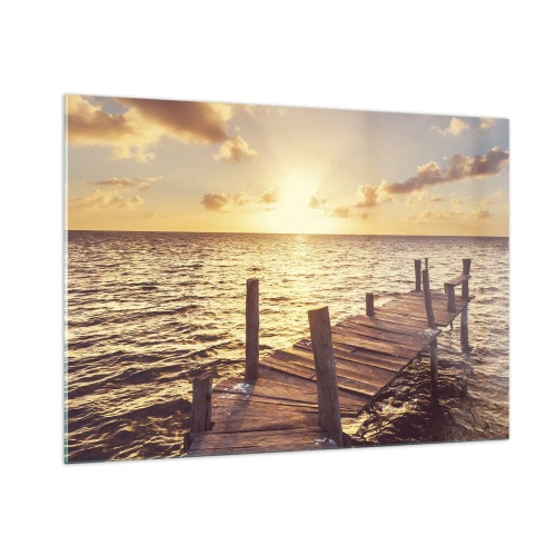 Quadro su vetro - Un molo di legno sullo sfondo del sole al tramonto - 100x70cm - Il paese dorato della mitezza - Decorazione murale moderna per soggiorno e camera da letto ARTTOR