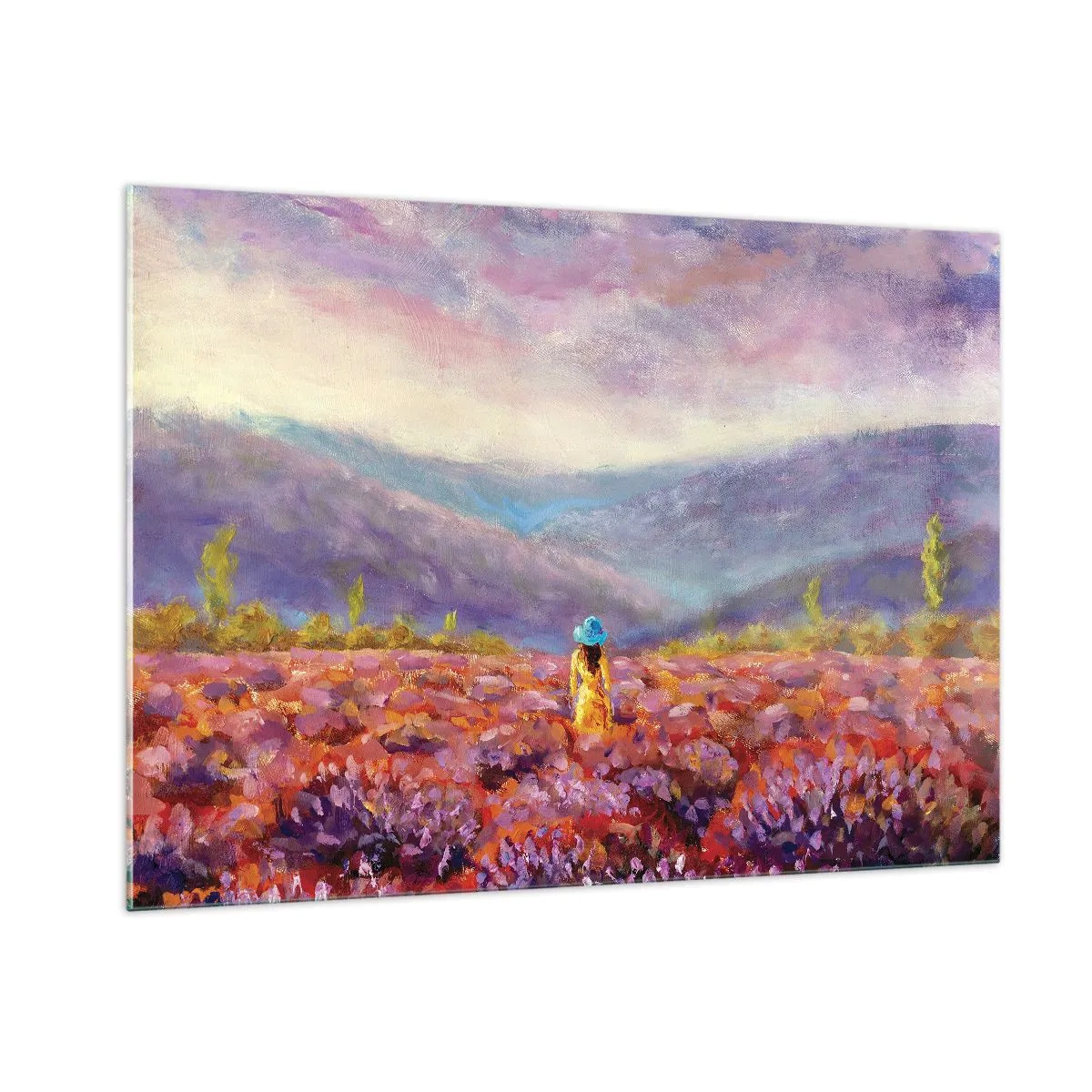 Quadro su vetro - Una figura che indossa un cappello in un campo di lavanda al tramonto - 100x70cm - Nel mondo di lavanda - Decorazione murale moderna per soggiorno e camera da letto ARTTOR