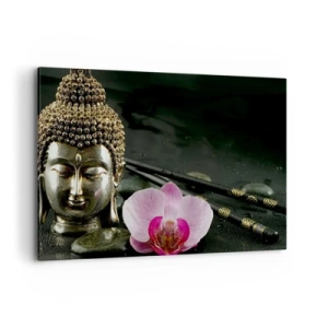 Quadro su tela - Stampe su Tela - Una statuetta di Buddha con un'orchidea e delle bacchette su uno sfondo di pietre - 100x70cm - Armonia di saggezza e bellezza - Decorazione murale moderna per soggiorno e camera da letto ARTTOR